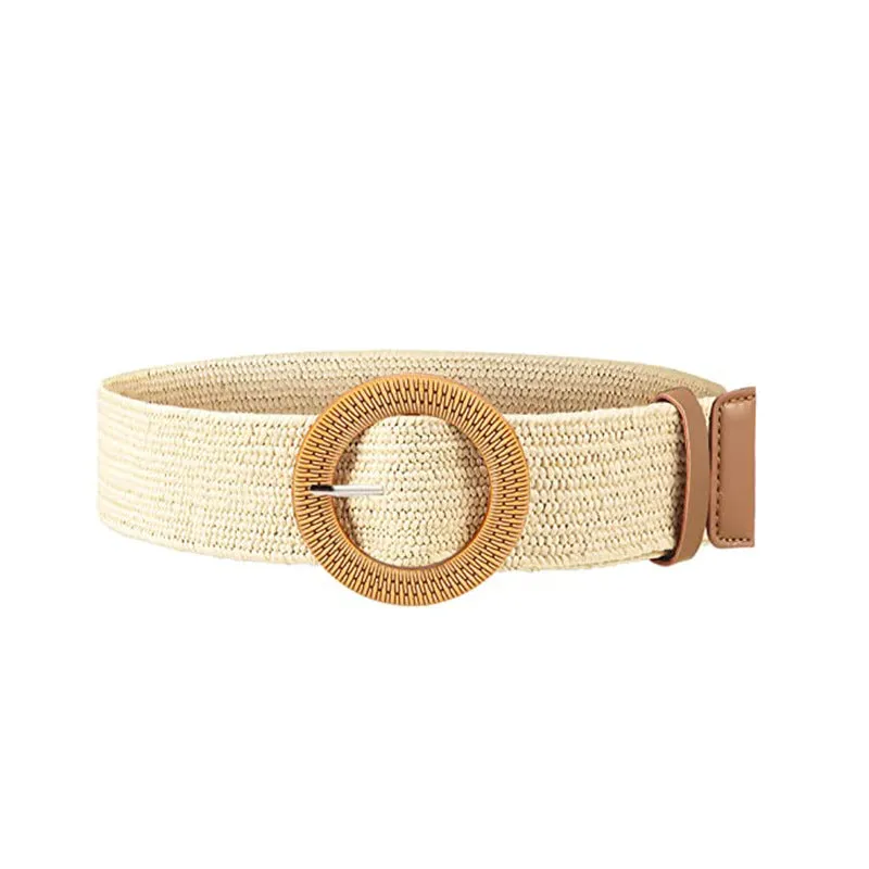 Straw Woven Elastic Stretch Belt Tight Dress Wood Style Buckle Belt