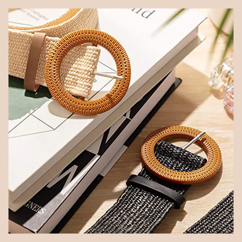 Straw Woven Elastic Stretch Belt Tight Dress Wood Style Buckle Belt