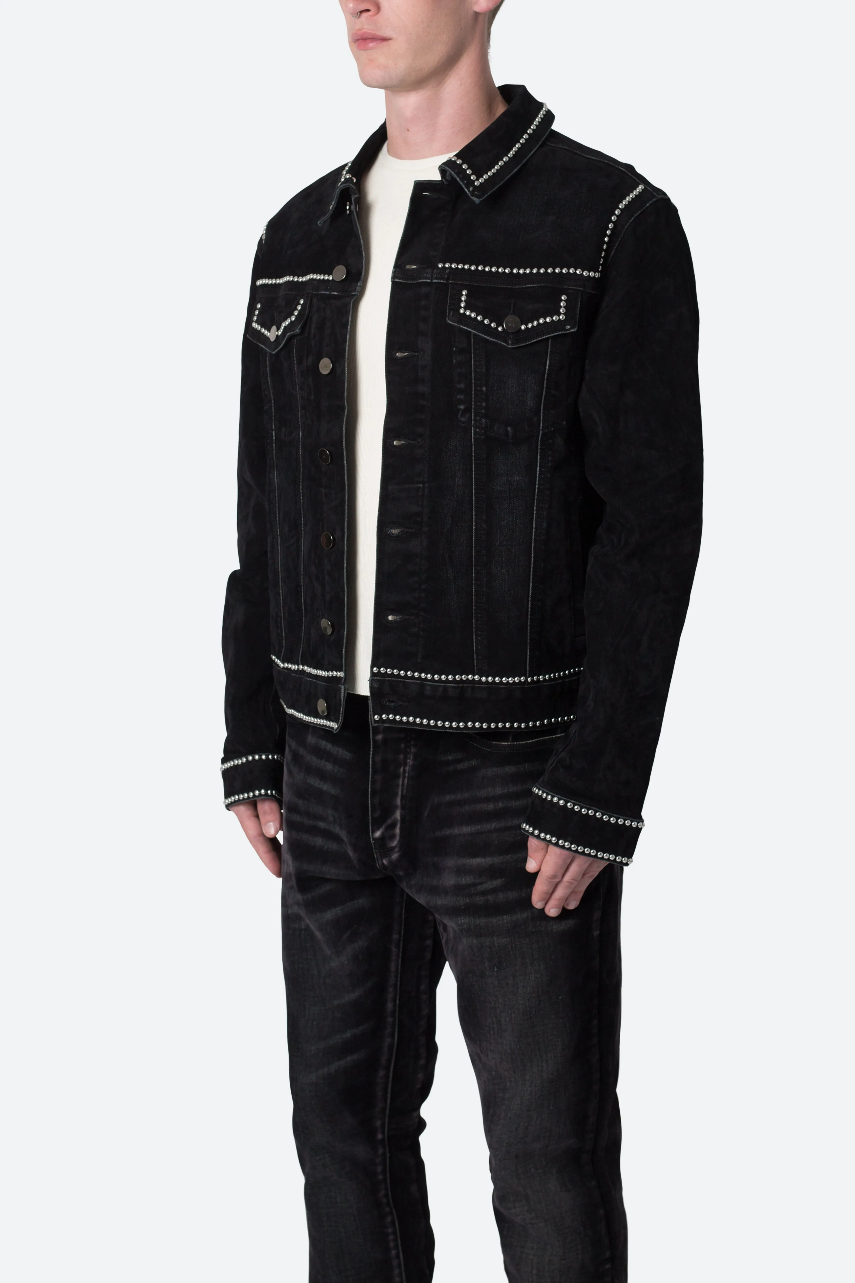 Studded Suede Denim Jacket - Black