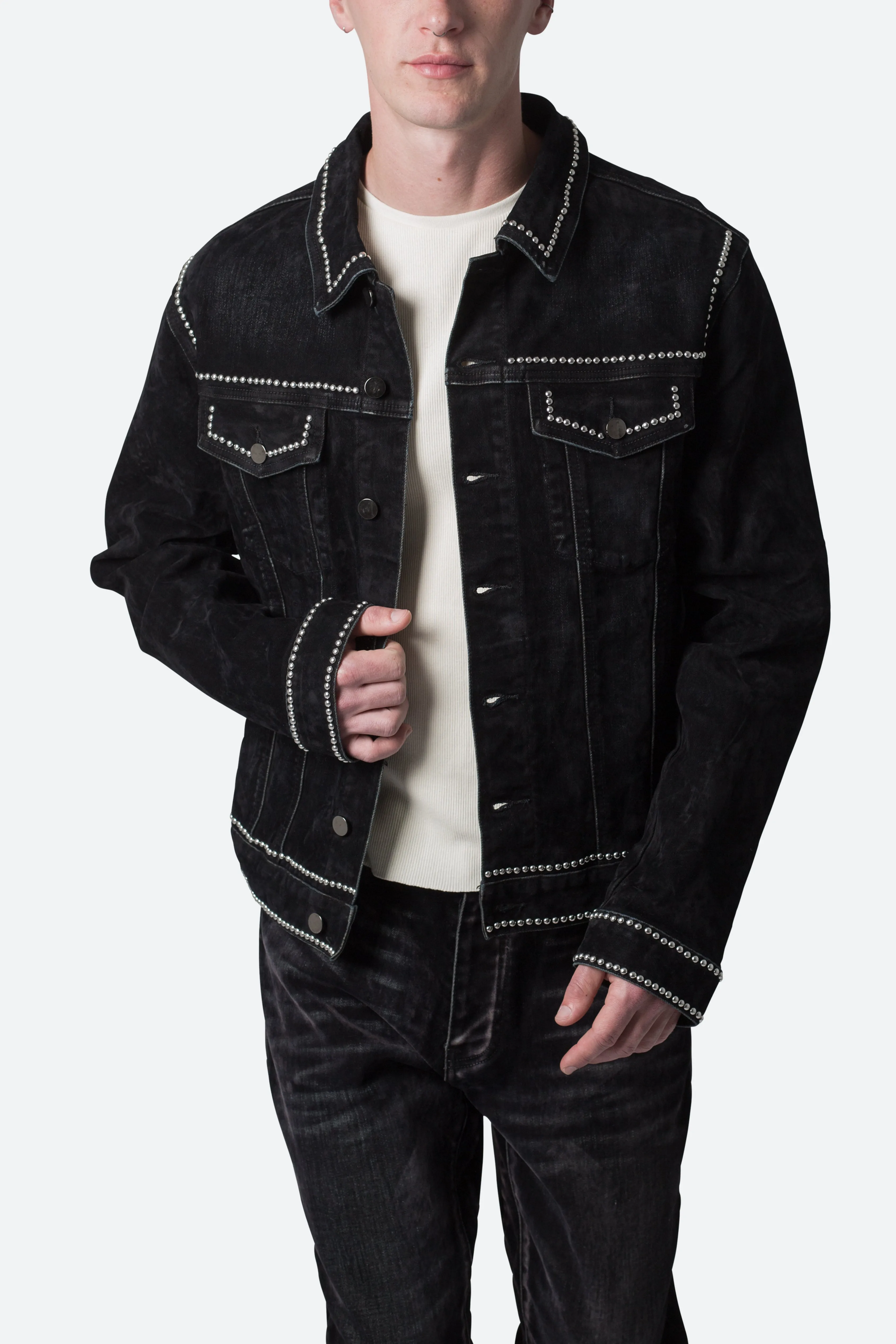 Studded Suede Denim Jacket - Black