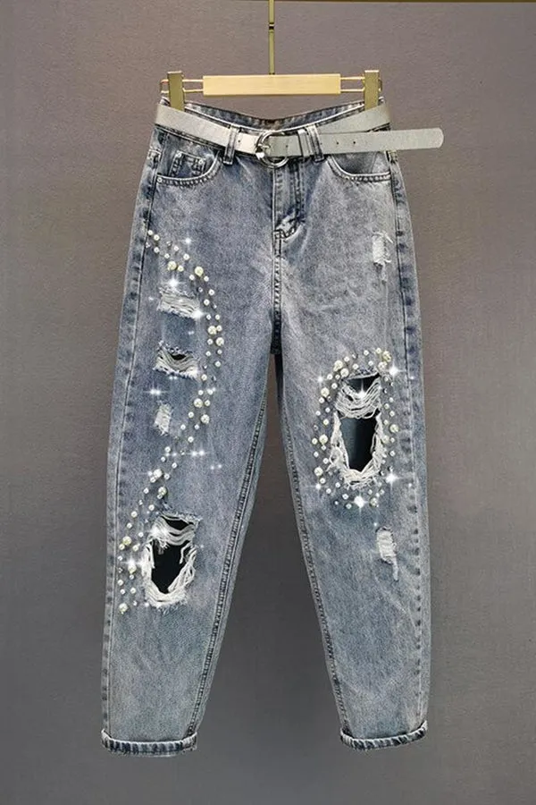 Stylish Pearl Rhinestone Drop Crotch Jeans