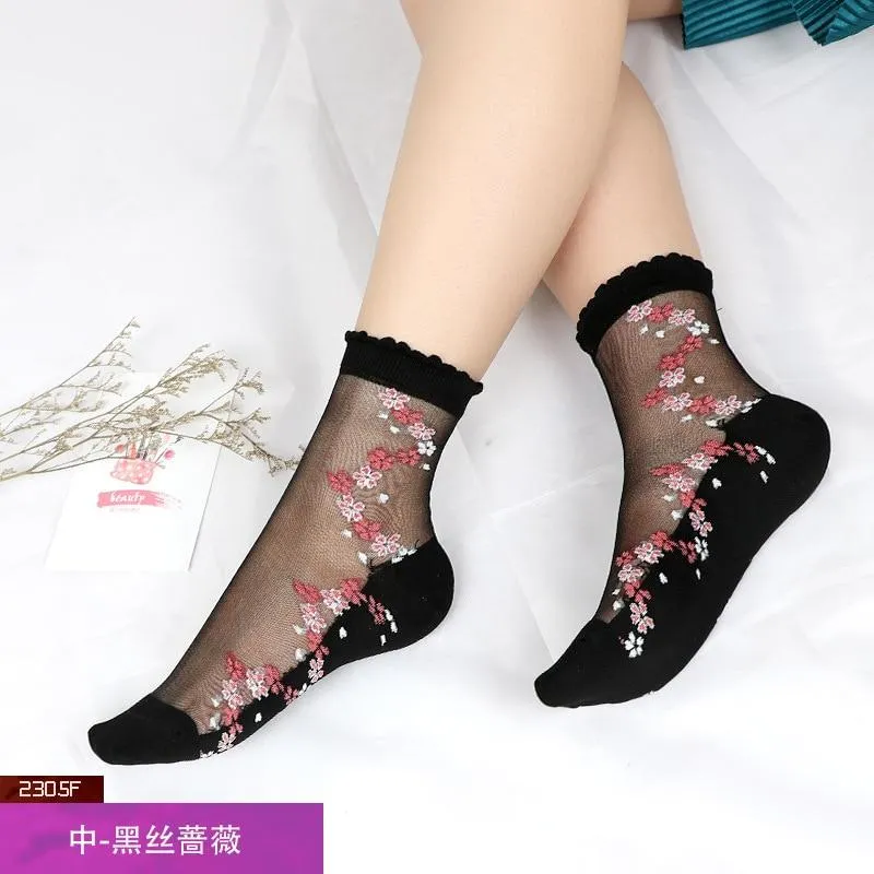 Women Transparent Lace Ruffle Soft  Sheer Silk Elastic Mesh Frill Trim Socks