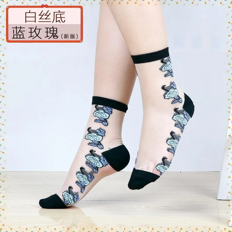 Women Transparent Lace Ruffle Soft  Sheer Silk Elastic Mesh Frill Trim Socks