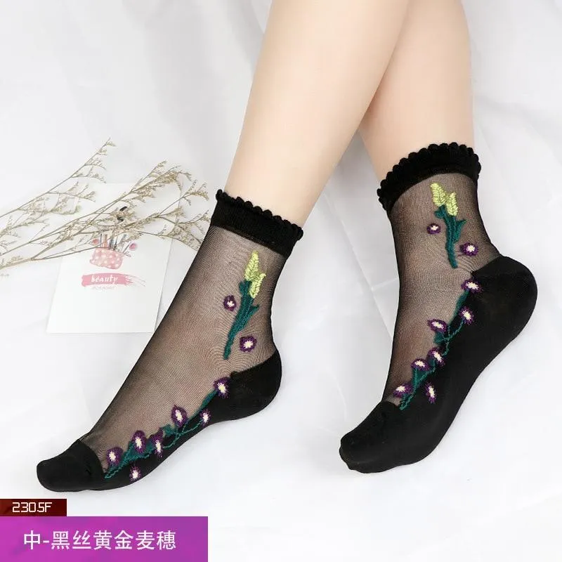 Women Transparent Lace Ruffle Soft  Sheer Silk Elastic Mesh Frill Trim Socks