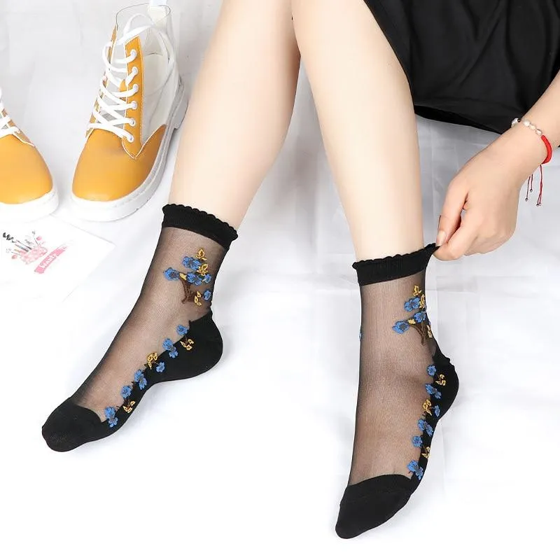 Women Transparent Lace Ruffle Soft  Sheer Silk Elastic Mesh Frill Trim Socks