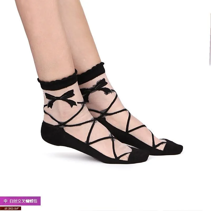 Women Transparent Lace Ruffle Soft  Sheer Silk Elastic Mesh Frill Trim Socks