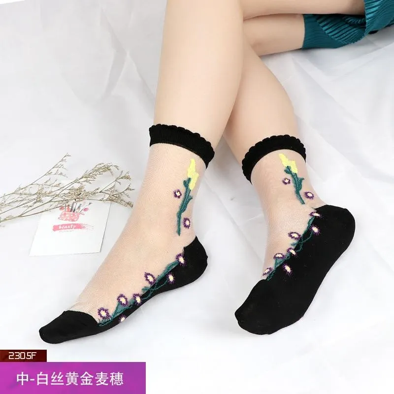 Women Transparent Lace Ruffle Soft  Sheer Silk Elastic Mesh Frill Trim Socks