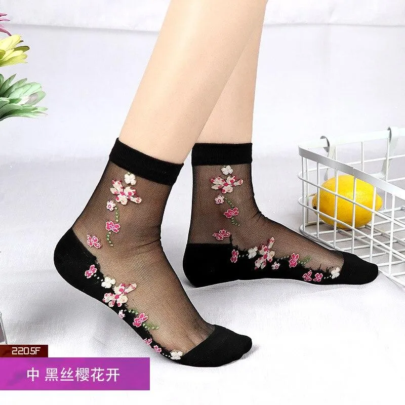 Women Transparent Lace Ruffle Soft  Sheer Silk Elastic Mesh Frill Trim Socks