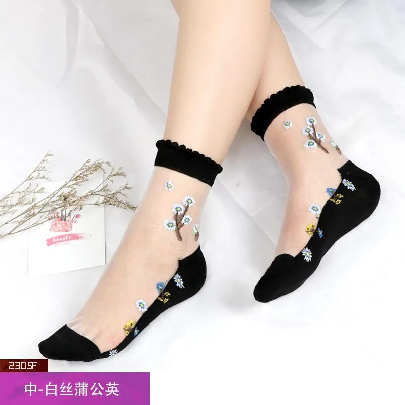 Women Transparent Lace Ruffle Soft  Sheer Silk Elastic Mesh Frill Trim Socks