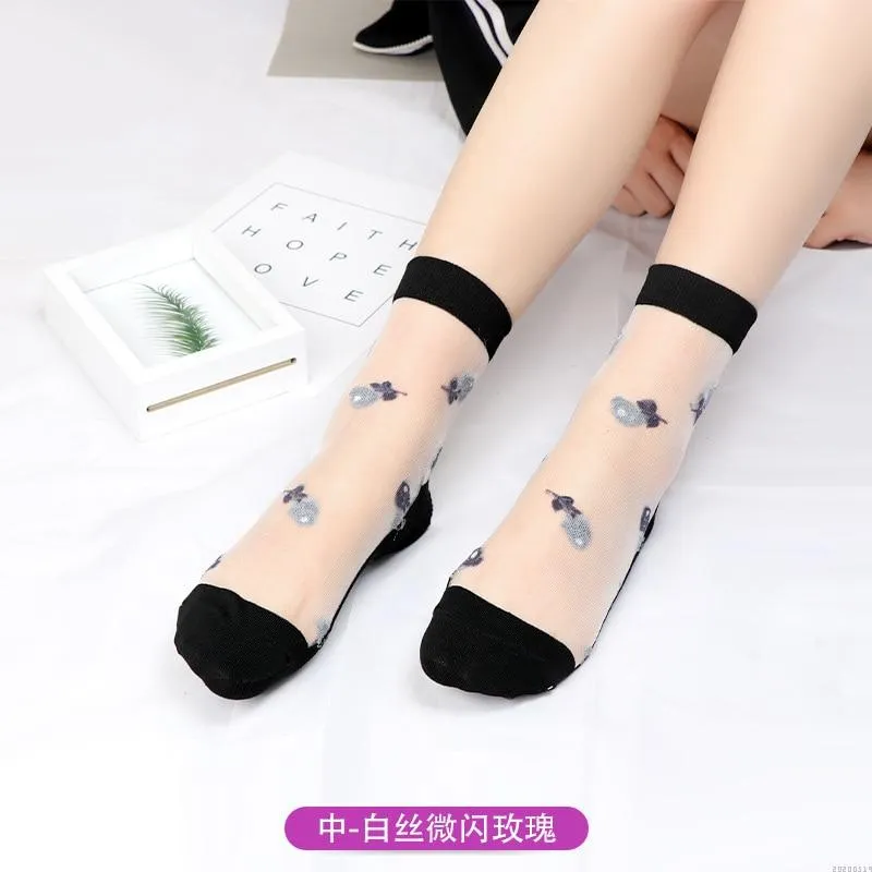 Women Transparent Lace Ruffle Soft  Sheer Silk Elastic Mesh Frill Trim Socks