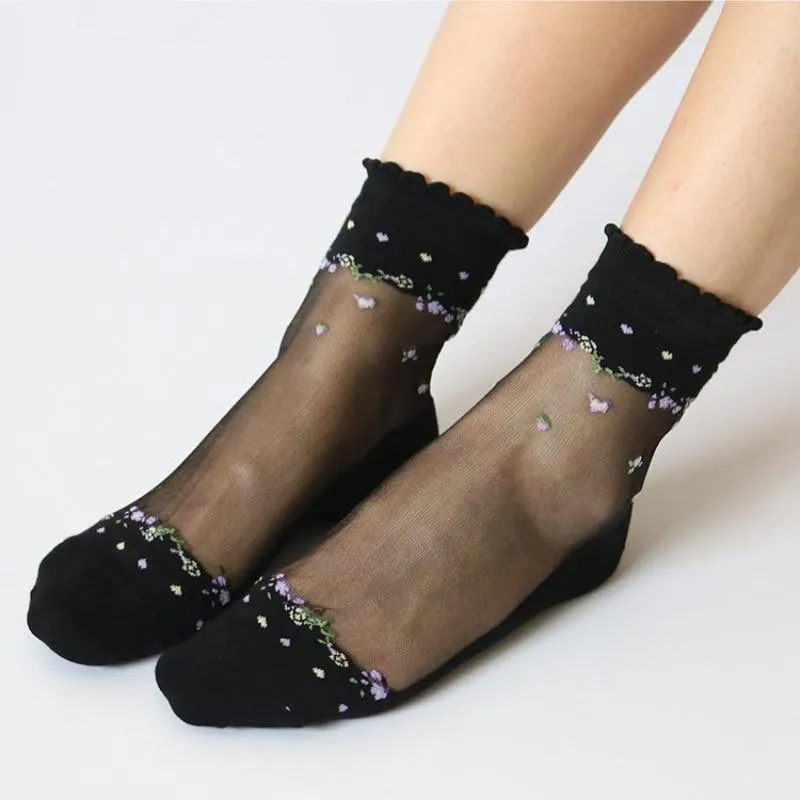 Women Transparent Ultra-Thin Lace Crystal Silk Elastic Socks