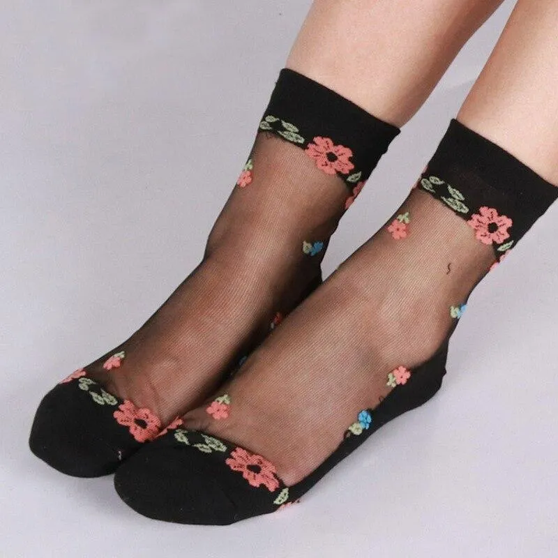 Women Transparent Ultra-Thin Lace Crystal Silk Elastic Socks